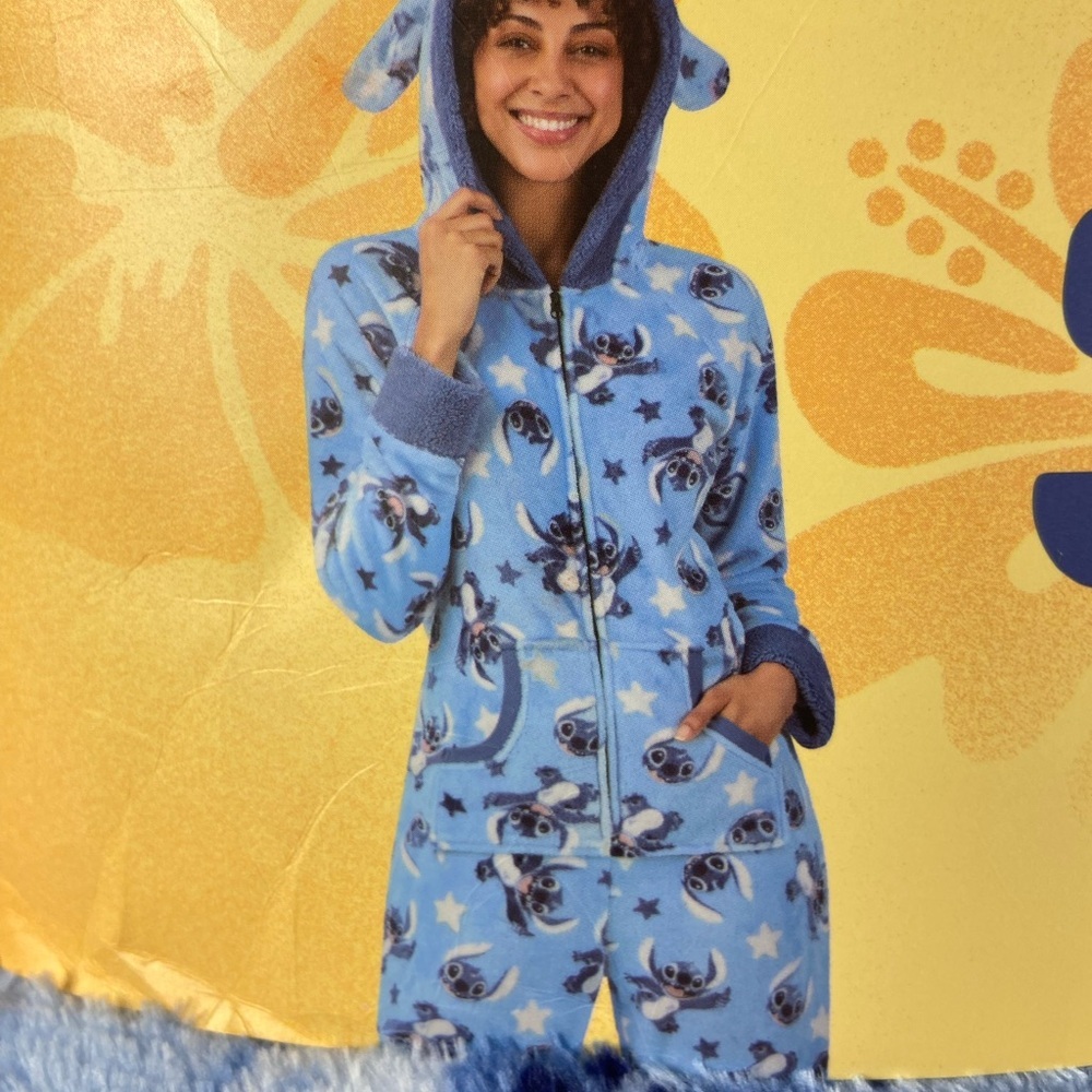 Disney Stitch One Piece Pajama Women’s Large Blue Plush Hooded Onesie NWT - Picture 2 of 7